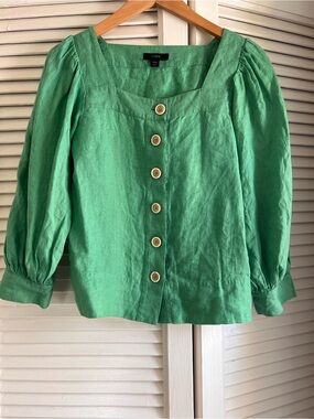 J. Crew Bright Green Linen Button-Front Square Neck Top